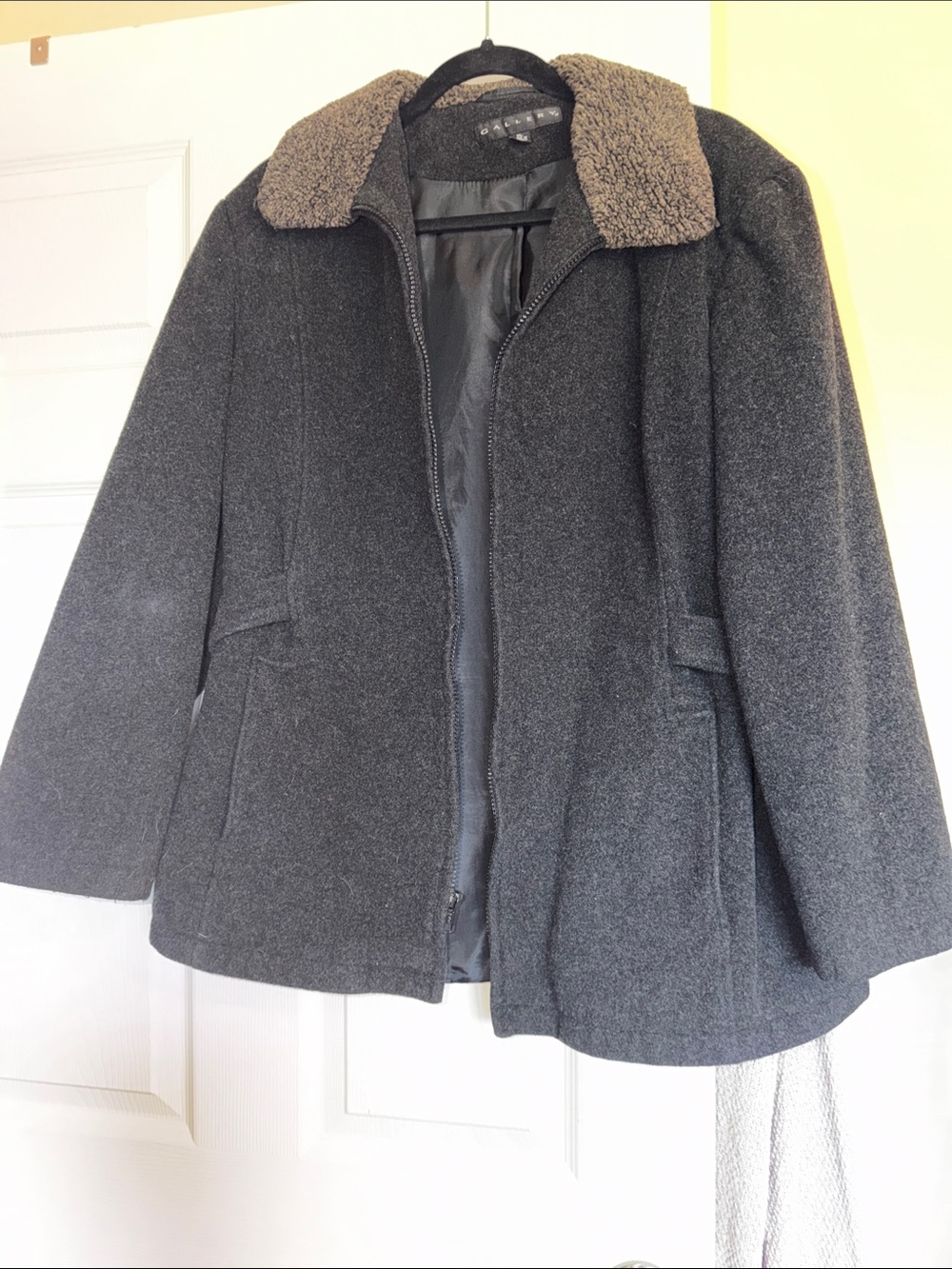 Women's Charcoal Gray Wool Jacket with Sherpa Collar